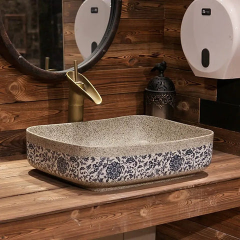 USZWBY Vessel Sinks Bathroom Vessel Sink Art Countertop Basin Chinese Style Ceramic Washbasin with Faucet Combination Bathroom Bowl Sink on wooden countertop.