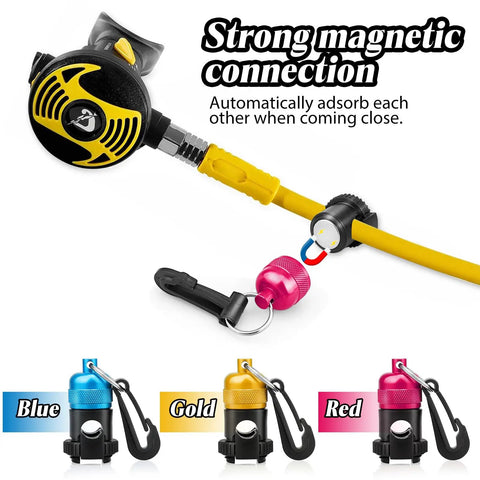 Magnetic Scuba Regulator Hose Holder For Octopus And Hose, Adjustable Tank Retainer Clip Attaches To Your BCD, Red 2 Pack displayed