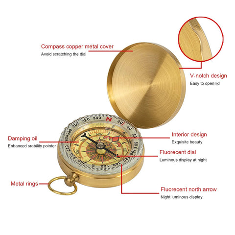 Brass pocket compass with open lid, ring attachment, compass rose, and luminous dial.