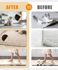 Comparison of rug before and after using 16 Pack Rug Tape Double Sided Carpet Tape Pads Grippers For Rugs On Hardwood Floors And Tiles Non Slip Pads Prevent Sliding Curling Or Bunching No Residue Easy To Remove