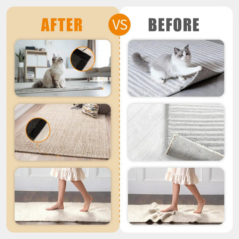 Comparison of rug before and after using 16 Pack Rug Tape Double Sided Carpet Tape Pads Grippers For Rugs On Hardwood Floors And Tiles Non Slip Pads Prevent Sliding Curling Or Bunching No Residue Easy To Remove