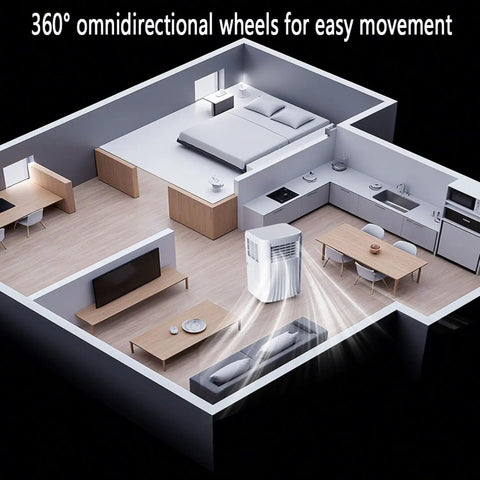 Chill Out And Beat The Summer Heat With This Whisper Quiet Portable Swamp Cooler AC Unit Featuring Remote Control Twenty Four Hour Timer And Smooth Evaporative Humidifying Cooling For Bedroom Or Garage with 360° wheels in living space.