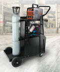 Heavy Duty 2 Tier Welder Cart With Anti Theft Lockable Cabinet, 360 Degree Swivel Wheels, Tank Storage And Safety Chains For TIG ARC Plasma Cutter, Portable Welding Cart For Home Shop, 265 Lbs Static Weight Capacity displayed in an industrial setting