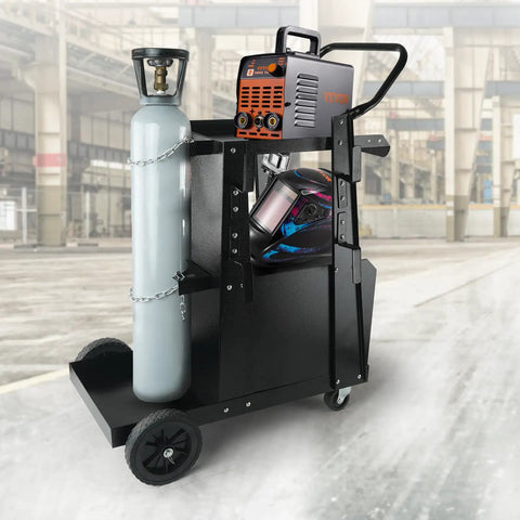 Heavy Duty 2 Tier Welder Cart With Anti Theft Lockable Cabinet, 360 Degree Swivel Wheels, Tank Storage And Safety Chains For TIG ARC Plasma Cutter, Portable Welding Cart For Home Shop, 265 Lbs Static Weight Capacity displayed in an industrial setting