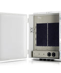 Heavy Duty Outdoor Electrical Junction Box Waterproof ABS Enclosure With Built In 15 Amp Power Outlet And Snug Hinged Lid Solid 16X12X4 Inch Shell Interior with cooling vents and power outlet.