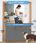 Retractable Baby Gate For Stairs And Doorways, 33-Inch Height, Expands Up To 55-Inch Width, Gray mesh with dog and adult