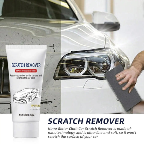 Scratch Remover For Cars Quick Fix Kit With Nano Sparkle Cloth 60g shown with a car being polished, restores paint and shine