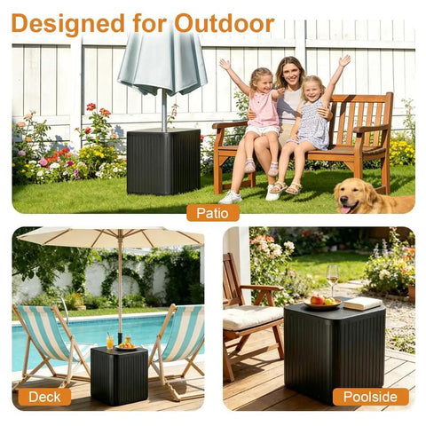Families enjoying outdoor space with 2-In-1 Umbrella Base And Side Table For Outdoor Patio, 16.54 Inch, by pool deck and garden.