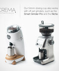 54mm Dosing Cup For Espresso Pros in stainless steel with built-in grinder tab, compatible with any 54mm portafilter, shown with grinders.