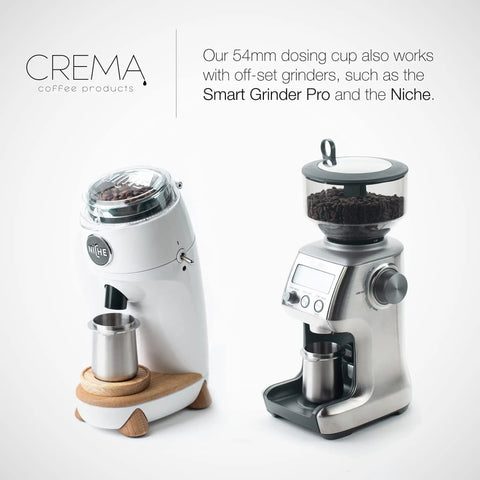 54mm Dosing Cup For Espresso Pros in stainless steel with built-in grinder tab, compatible with any 54mm portafilter, shown with grinders.