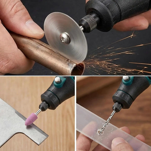 Heavy Duty 69 Piece Rotary Tool Accessories Kit With Rock Solid Sanding And Grinding Bits For Universal Shanks in use on metals and plastics.