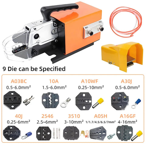 High Performance Hydraulic Crimping Tool With 15 Interchangeable Dies alongside 9 specified dies for versatile crimping of various wire sizes.