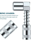 Close-up of 4 Piece 90 Degree Grease Gun Coupler Set with 3 Jaw Angle Fittings and Sleeves Spring Loaded Quick Connect Adapters.
