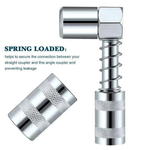 Close-up of 4 Piece 90 Degree Grease Gun Coupler Set with 3 Jaw Angle Fittings and Sleeves Spring Loaded Quick Connect Adapters.