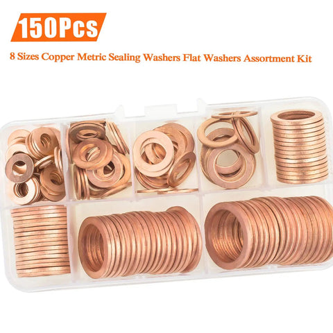 Copper Washers Kit 150Pcs 8 Sizes Metric Sealing Flat Washers Set for Plumbing and Auto in storage case