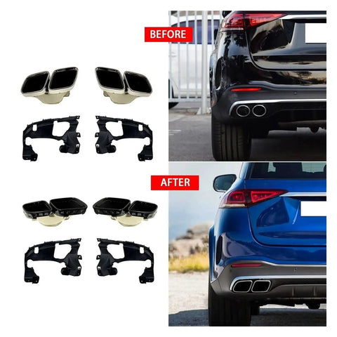 Mercedes Benz GLE W167 53 4MATIC Plus Exhaust Tail Pipe Cover And Rear Muffler Tips In Stainless Steel Black before and after installation