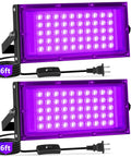 50W LED Black Lights With Switch And Plug Two Pack IP66 Waterproof For Indoor And Outdoor Glow Creates Realistic Fluorescent Effects With 385 To 400 Nanometer Light Party Ready Glow For Parties Venues And Home Rooms Up To 10x10 Feet, two purple LED flood lights with 6ft cords