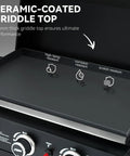 Three Burner Propane Griddle On Folding Stand 23 Inch Portable Griddle With Side Table And 314 Square Inches Cooking Area For Camping Tailgating Backyard And Patio Black Perfect For Outdoor Grillin Enthusiasts showing ceramic-coated top, high-temp, corrosion and scratch resistance.
