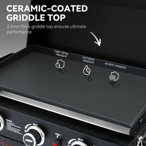 Three Burner Propane Griddle On Folding Stand 23 Inch Portable Griddle With Side Table And 314 Square Inches Cooking Area For Camping Tailgating Backyard And Patio Black Perfect For Outdoor Grillin Enthusiasts showing ceramic-coated top, high-temp, corrosion and scratch resistance.