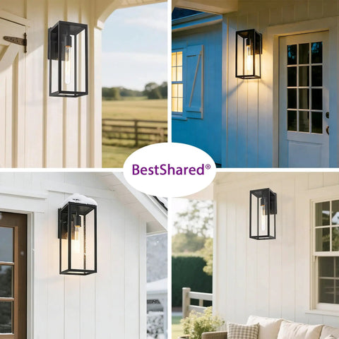 Outdoor Wall Sconce Lights 15 Inch Exterior Lantern With Clear Glass In Black for porches and patios day and night view
