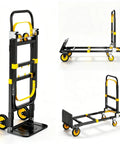 3 In 1 Folding Hand Truck With Retractable Handle And Four Wheels Heavy Duty Convertible Dolly Cart 600 Lb Capacity In Four Wheel Mode Collapsible Warehouse Cart In Black And Yellow, shown folded and flat
