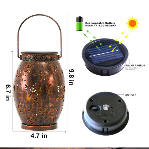 Butterfly Solar Powered Outdoor Metal Lanterns Set Of 2 Waterproof Hanging Patio Lights for Garden Decor showing features and dimensions.