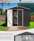 10x8 Foot Metal Outdoor Storage Shed With Lockable Doors, Weatherproof Backyard Tool Shed, black exterior, half-open showing interior