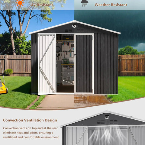 10x8 Foot Metal Outdoor Storage Shed With Lockable Doors, Weatherproof Backyard Tool Shed, black exterior, half-open showing interior