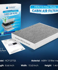 Four Layer MERV 13 Cabin Air Filter With Activated Carbon For Ford Bronco Bronco Sport Escape Explorer Maverick And Lincoln Aviator Corsair 2020 2024 Delivers Over 99 Percent Arrestance For Cleaner Air In Your Ride shown with box and dimensions.