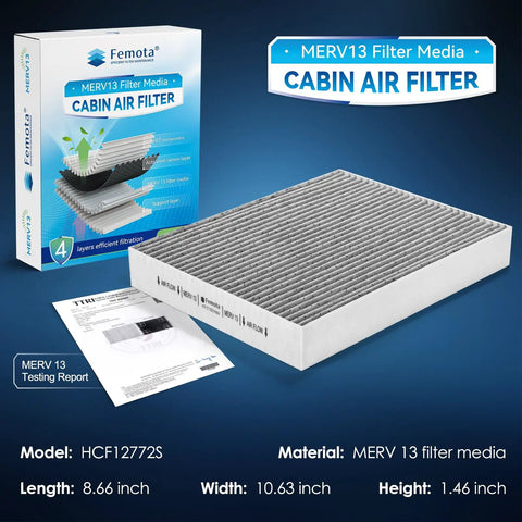 Four Layer MERV 13 Cabin Air Filter With Activated Carbon For Ford Bronco Bronco Sport Escape Explorer Maverick And Lincoln Aviator Corsair 2020 2024 Delivers Over 99 Percent Arrestance For Cleaner Air In Your Ride shown with box and dimensions.