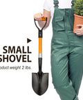 Person holding All Around Mini Garden Shovel 28 Inch D Handle Kid Friendly Beach And Garden Tool Lightweight Digging Spade next to plant