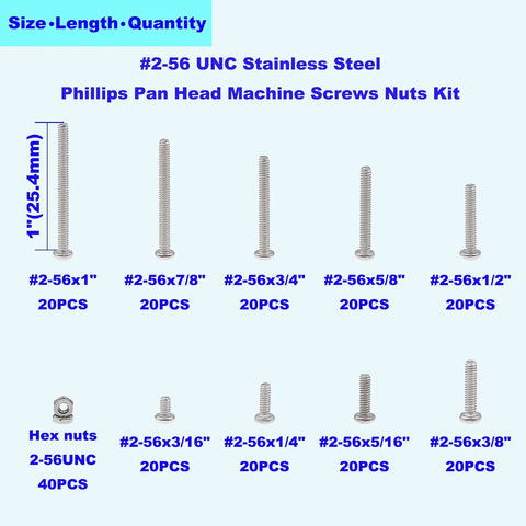 All In One 2 56 UNC Stainless Steel Phillips Pan Head Machine Screws And Nuts Assortment Kit, 220 Piece Set shown with sizes