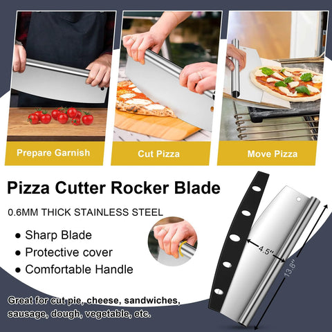 Pizza Cutter Rocker Blade with long painted handle, stainless steel blade 0.6mm thick, protective cover included