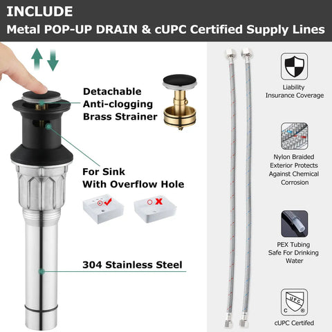 Two Handle Matte Black Bathroom Sink Faucet With Metal Drain Assembly And Supply Hose Lead Free cUPC NSF 61 Certified 4 Inch Centerset 3 Hole Mount Includes Push Pop Up Drain No Fuss Easy Install diagram showing metal pop-up drain, brass strainer, and supply hoses.
