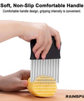 Rainspire crinkle cutter for veggies, stainless steel blades, black handle, front view.