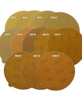Heavy Duty Six Inch 150mm Sanding Discs With Sticky Back For Auto And Woodworking Projects, assortment of grit levels including 320 grit.