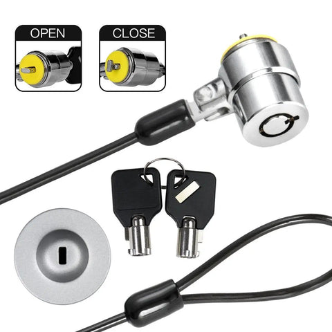 Secure 6 Foot Cut Resistant Laptop Lock Cable With 360 Degree Rotating Lock For 7x3mm Wedge Slot Laptops, shown with keys