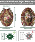 Elongated Resin Toilet Seat for Bathroom measuring 18.5 inches long with floral design, showing size compatibility instructions.