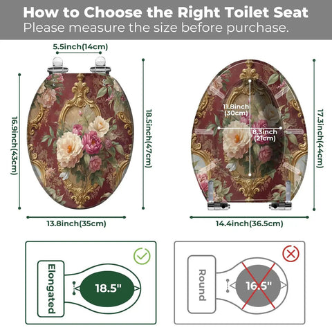 Elongated Resin Toilet Seat for Bathroom measuring 18.5 inches long with floral design, showing size compatibility instructions.