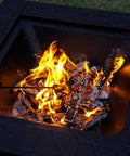 Close-up of 32 Inch Fire Pit Table Outdoor Patio Heater Square Metal Stove For Backyard And Garden 3 In 1 Outdoor Fireplace with flames