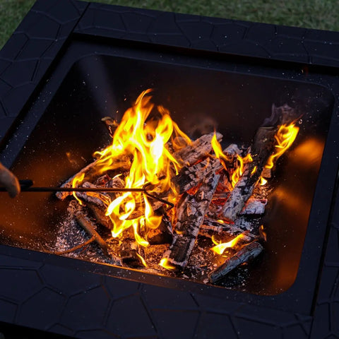 Close-up of 32 Inch Fire Pit Table Outdoor Patio Heater Square Metal Stove For Backyard And Garden 3 In 1 Outdoor Fireplace with flames
