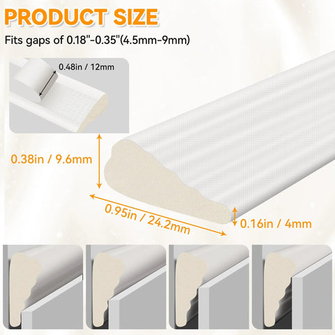 Foam wedge weather seal strip for doors/windows, self-adhesive, white, 236 inches long.