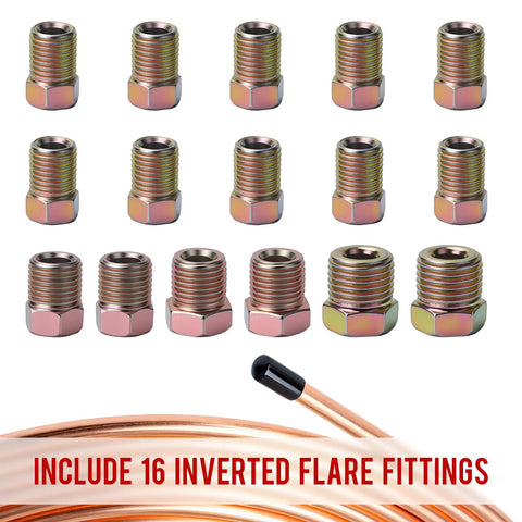 16 brass fittings from 25 Foot Copper Coated Brake Line Kit With 16 Fittings And 4 Unions Tube Bender And Double And Single Flaring Tool Kit