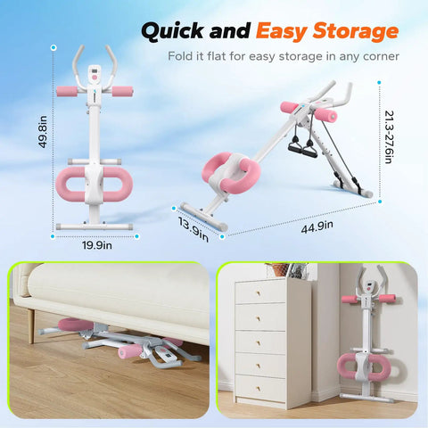 Your New Home Gym Essential With This Adjustable Ab Trainer Engineered For Rapid Belly Fat Burn And Rock Hard Core Gains Featuring Padded Knee Support Foldable Design For Quick Storage In Bright Pink, shown in compact position under a sofa.