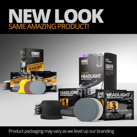 CERAKOTE Ceramic Headlight Restoration Kit with black box, step packets, and colored polishing discs