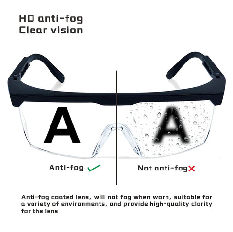5 Pack Black Safety Goggles With Clear Anti Fog And Anti Scratch Lenses showing anti-fog comparison with text and droplets on lens.