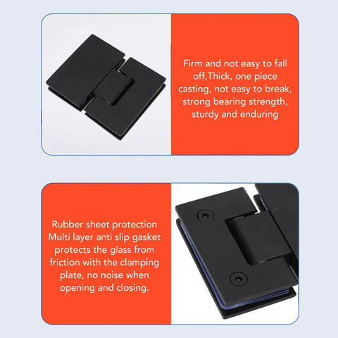 Black Built To Last Heavy Duty 180 Degree Stainless Steel Shower Door Hinge Set for Frameless Glass with rubber sheet protection