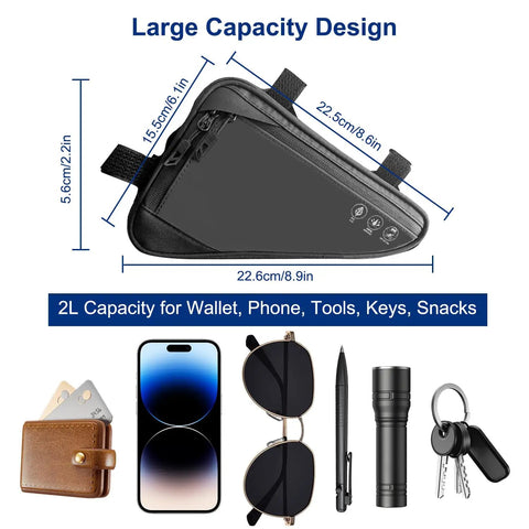 Diagram of 2L Waterproof Reflective Bike Frame Storage Bag with 16 in 1 Multitool showing dimensions and capacity for items.