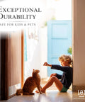 Child playing with cat near door with Kick Plate, Anodized Aluminum Satin Nickel Finish, 8x34 Inches, Exterior Door Protector visible.