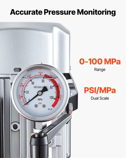 Close-up of pressure gauge on Electric Hydraulic Pump 750W 10000 PSI Heavy Duty Power Pack 120V Single Acting Hydraulic Unit